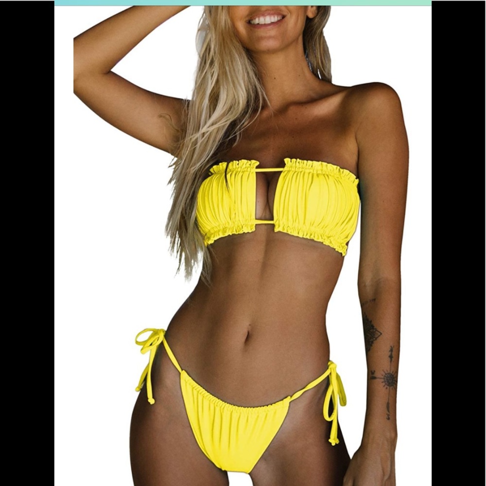 Sexy Byoauo Bandeau Bikini Top with Tie Side Thong Bottom Bathing Suit 
size M